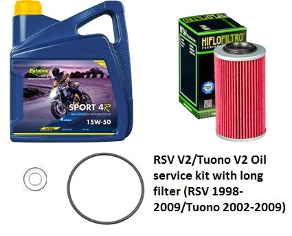 RSV V2/Tuono V2 (non-OEM Filter) Oil service kit with long filter (RSV 1998-2009/Tuono 2002-2009)