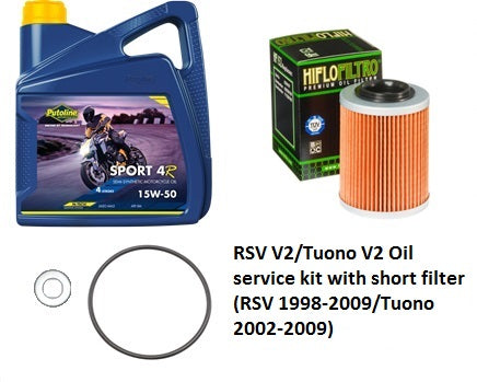 RSV V2/Tuono V2 (non-OEM Filter) Oil service kit with short filter (RSV 1998-2009/Tuono 2002-2009)